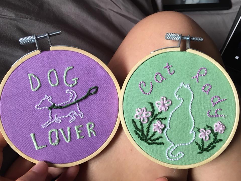 two pieces, one that says dog lover with a dog, another that says cat lady with a cat outline